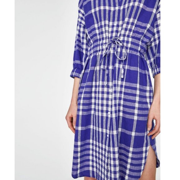 Zara Woman Linen Blend Plaid Tunic Shirt Dress XS - Picture 3 of 7
